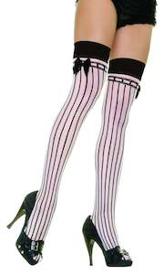 Sheer Stockings White with Black Opaque Vertical Stripes and Satin Bow