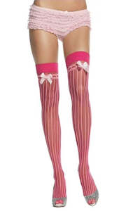 Sheer Stockings Pink with Baby Pink Opaque Vertical Stripes and Satin Bow