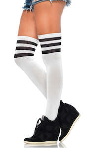 Athletic Thigh High White Socks with Black Stripes