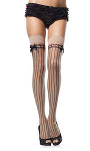 Sheer Stockings Nude with Black Opaque Vertical Stripes and Satin Bow