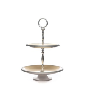 Cake Stand – 2-tier, White, Silver Trim