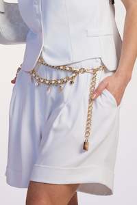 Clothing manufacturing - womens and girls: PAULA RYAN Leather Chain Charm Belt - White/Gold