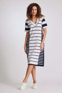 PAULA RYAN Stripe V Neck Short Sleeve Dress - Navy/White