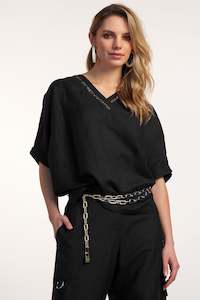 Clothing manufacturing - womens and girls: PAULA RYAN Beaded V Neck Linen Top - Black