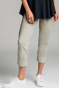 Clothing manufacturing - womens and girls: PAULA RYAN ESSENTIALS Wide Cuff Capri Pant - Classic Microjersey Sand