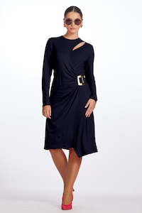 Clothing manufacturing - womens and girls: PAULA RYAN Cutaway Wrap Dress - Navy Merino