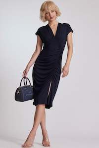 Clothing manufacturing - womens and girls: PAULA RYAN V Neck Side Rouched Dress - Black Micromodal