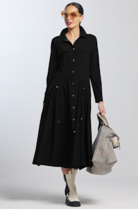 PAULA RYAN Drawcord Shirt Dress - Black Microjersey