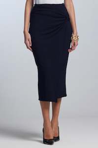 Clothing manufacturing - womens and girls: PAULA RYAN Twist Wrap Skirt - Navy Merino