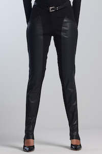 Clothing manufacturing - womens and girls: PAULA RYAN Curve Front Leather Seam Pants - Black - Roma Ponte