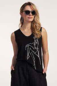 PAULA RYAN RELAXED Scoop V Bling Singlet - Black