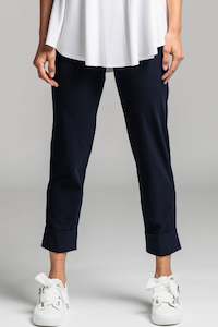 Clothing manufacturing - womens and girls: PAULA RYAN ESSENTIALS Cuffed Capri Pant - Classic Microjersey Navy