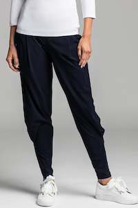 Clothing manufacturing - womens and girls: PAULA RYAN ESSENTIALS Ankle Pleat Basque Pant - Microjersey Navy