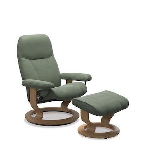 Stressless® Consul Medium Leather Recliner - Classic Base (Batick Thyme Green, Oak base)