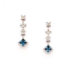 Elegant Princess Cut Blue Topaz & Diamond Earrings