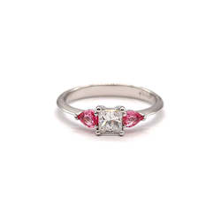 Platinum Princess Cut Diamond and Pink Sapphire Ring