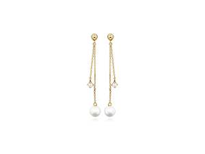 Yellow Gold Pearl and Cubic Zirconia Drop Chain Earrings