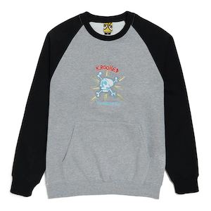 Clothing: KROOKED STYLE EMB CREW - HEATHER/BLACK/MULTI