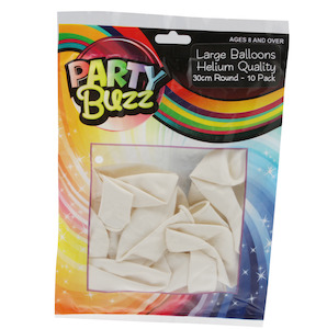 Party Balloons, White, 10Pk, Large 30cm