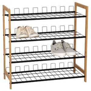 Plastic container, household: Shoe Rack, 4 Tier, Bamboo Sides and Black Wire Shelves