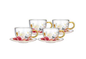 Springtime So D/Walled Glass Cup & Saucer Set of 4