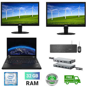 Computer consultancy service: Mega Setup!! Lenovo P53 Laptop Workstation Ex lease Intel Core i7-9850H 32GB RAM 512GB NVME T1000 Mobile 4GB Graphics  2X 24inch LCD Windows 11 Pro