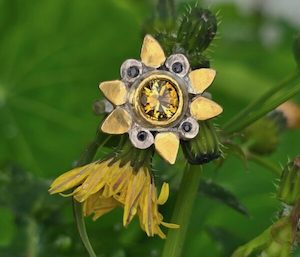 Jewellery: Florette ring. 7.5mm gold tourmaline, native cut sapphires, 24ct, 18ct white gold and silver. Size Q