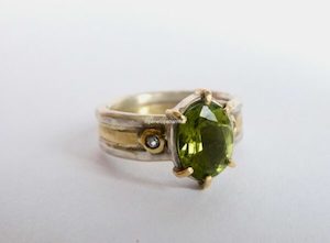 Medieval Claw Ring. silver, 18ct and 24ct gold, E VS diamonds and green tourmaline