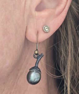 Tahitian south sea pearl Acorn earrings. silver and 24ct gold