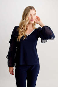 Frank Lyman - Sheer Sleeve Rhinestone Trim Top - 248019 - Midnight- 50% Off