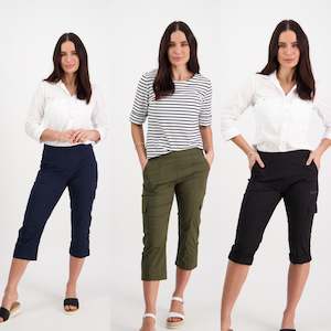 Womenswear: Vassalli - Poplin Pull On Cargo Pant - 5710P - Navy, Black, Khaki