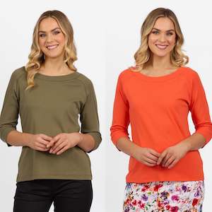 Womenswear: Vassalli - Boat Neck 3/4 Sleeve Top - 4381 - Punch or Olive