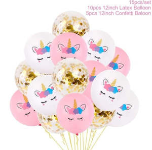 Kids Birthday: Unicorn balloons - 15 pack - latex - gold confetti