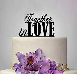 Black "together in love" cake plaque/topper