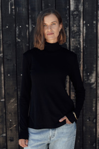 Merino Rib Turtle Neck Top - Black