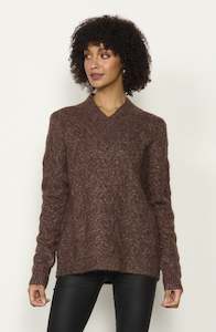 Clothing: Textured Knit With Crossover Neck Jumper - Brown