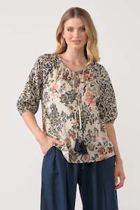 Printed w/Raglan Sleeve & Tie Blouse