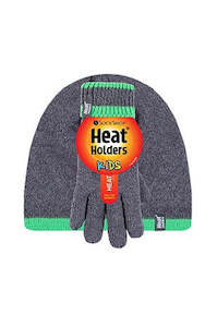 Kids Flat Knit Hat & Gloves - Charcoal/Green