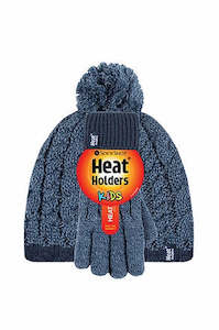 Clothing: Kids Cable Pom Pom Hat & Gloves - Denim/Navy