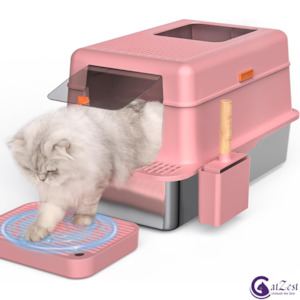 Pet: CatZest Cat Litter Box with Lid, Extra Large Stainless Steel Top Entry, Double Filter Pedal & Scoop – Non-Stick, Leakproof, High Sided