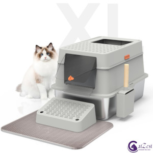 Pet: CatZest Stainless Steel Litter Box with Lid, Front Entry Top Exit Kitty, Extra Large Enclosed Metal Litter Box with Litter Scoop & Ramp