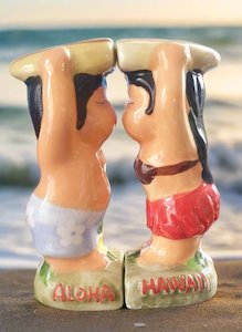 Vintage Hawaiian Surfer Couple Salt & Pepper Set