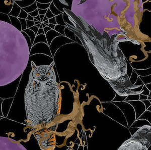 Fabric - Purple Moon - Owls Ravens Bats