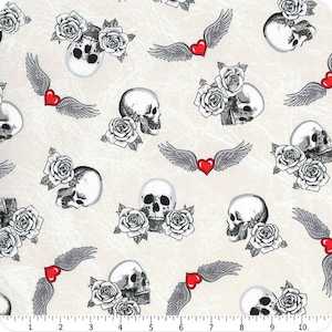 SALE Fabric - Skulls & Winged Hearts (White)