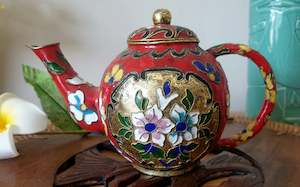 Vintage Red Asian Cloisonne Teapot