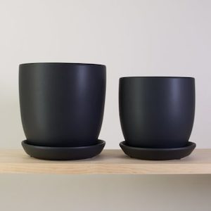 Matt Black Pot with Saucer, 2 sizes