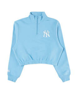 Majestic Yankees Flock And Foil 1/4 Zip Crop Crew - Blue Topaz