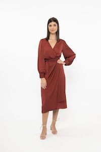 Maya Wrap Midi Dress Rust Washer Satin