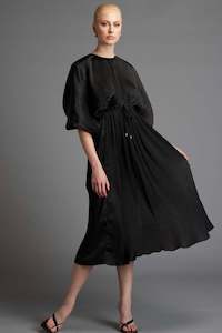 Hustle Pleated Balloon Sleeve Midi Dress Black