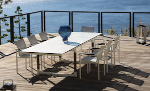 Furniture: BASTINGAGE Outdoor Dining Extension Table - White with Concrete Beton HPL top 2.1m-3.15x1.05m x 0.75m